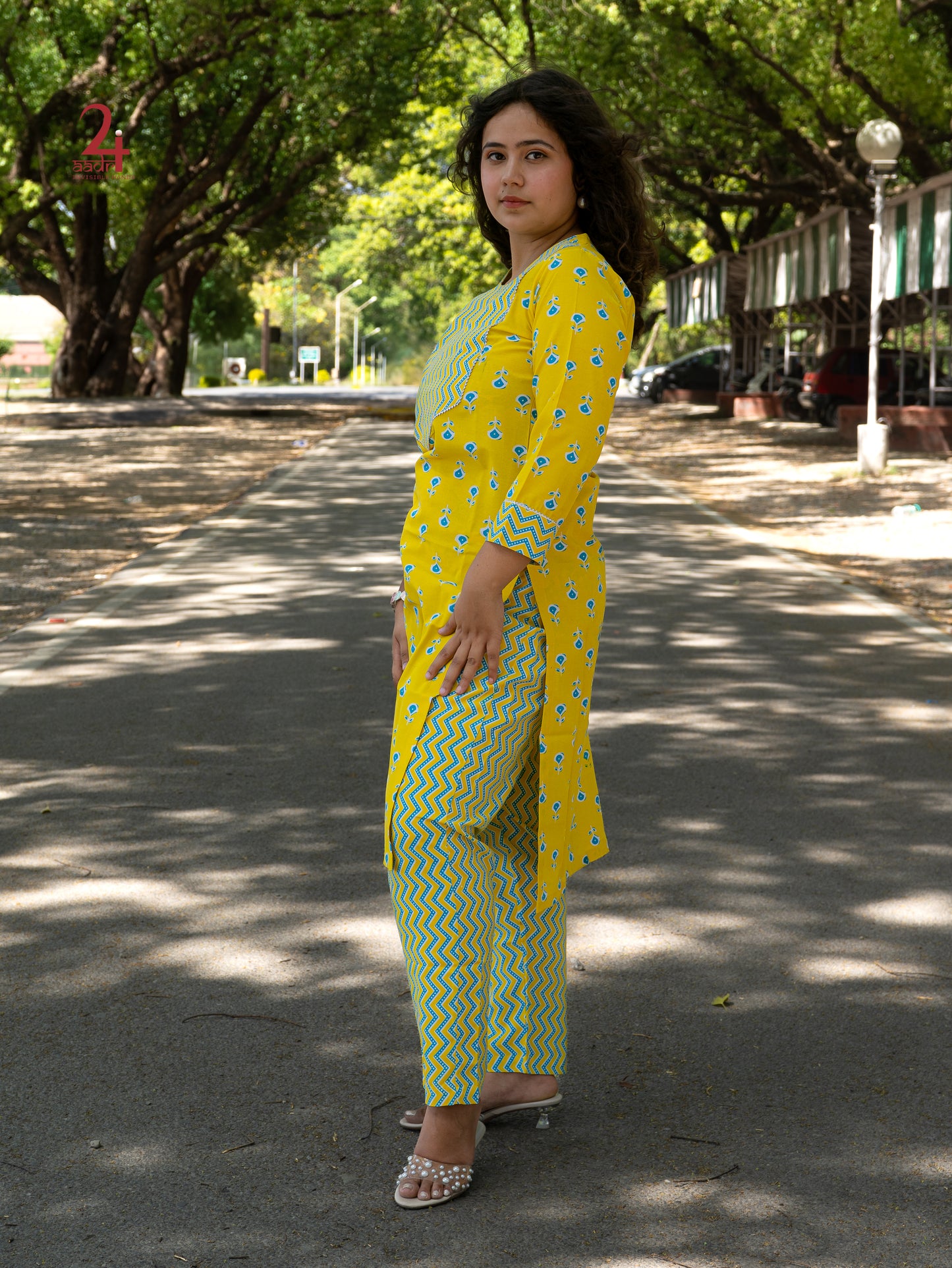 YELLOW ZIG ZAG COTTON KURTA BOTTOM SET