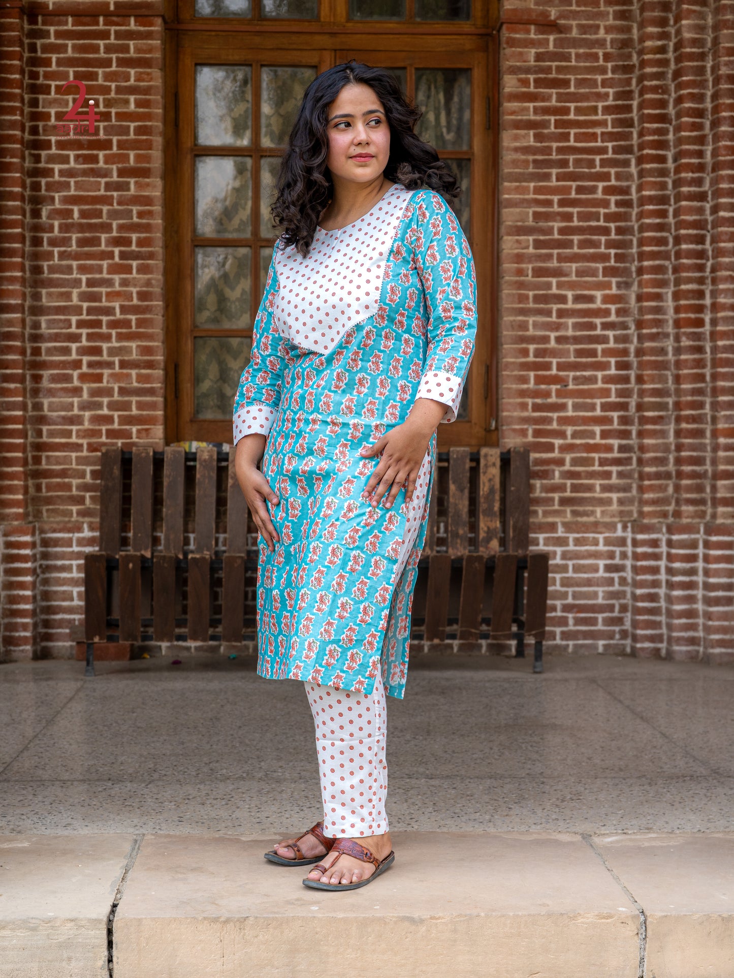 Polka Floral Cotton Kurta Bottom Set