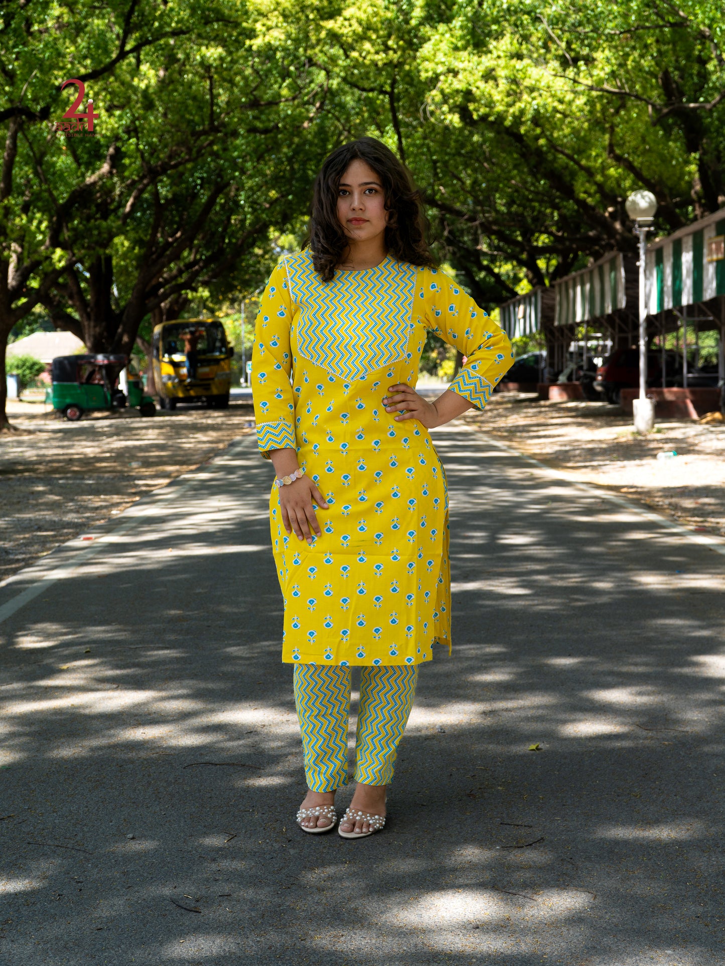 YELLOW ZIG ZAG  COTTON KURTA BOTTOM SET