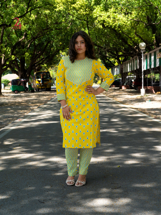 YELLOW ZIG ZAG  COTTON KURTA BOTTOM SET