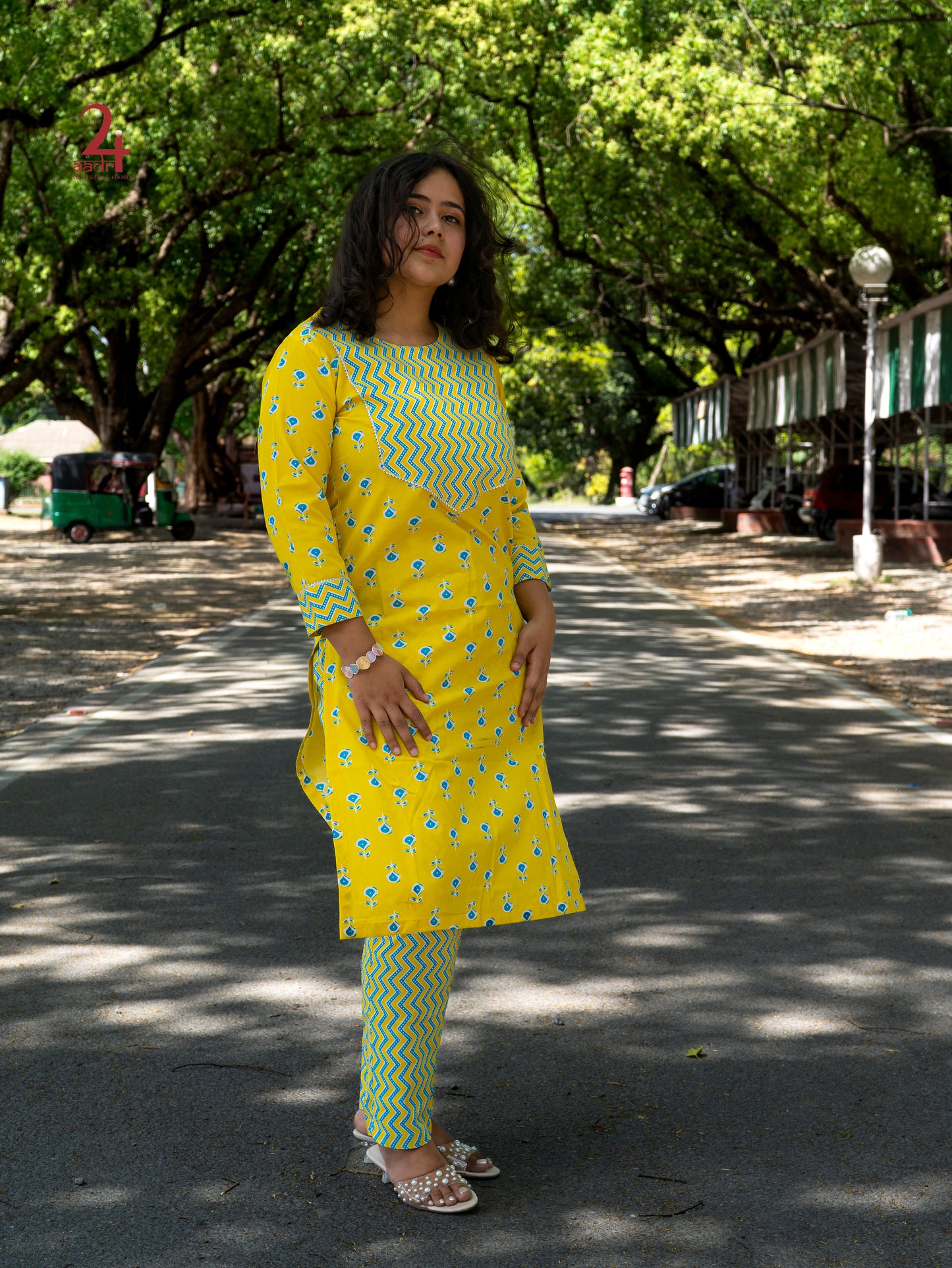 YELLOW ZIG ZAG  COTTON KURTA BOTTOM SET