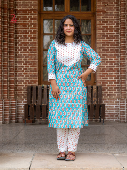 Polka Floral Cotton Kurta Bottom Set